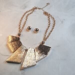 Gold Tone Geometric Metal Statement Necklace Set